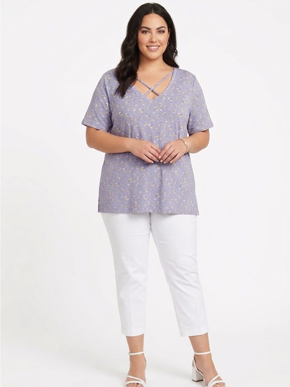 Sheila Rose 3X Lavender Floral V‑Neck Crisscross Short Sleeve Top